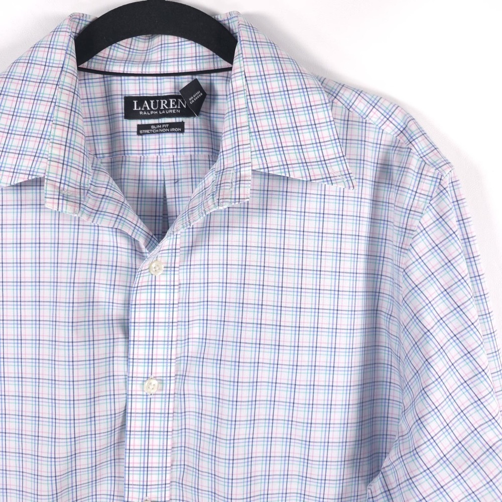 LAUREN‎ RALPH LAUREN SLIM FIT STRETCH NON IRON Plaid LS Shirt Size 16 32/33